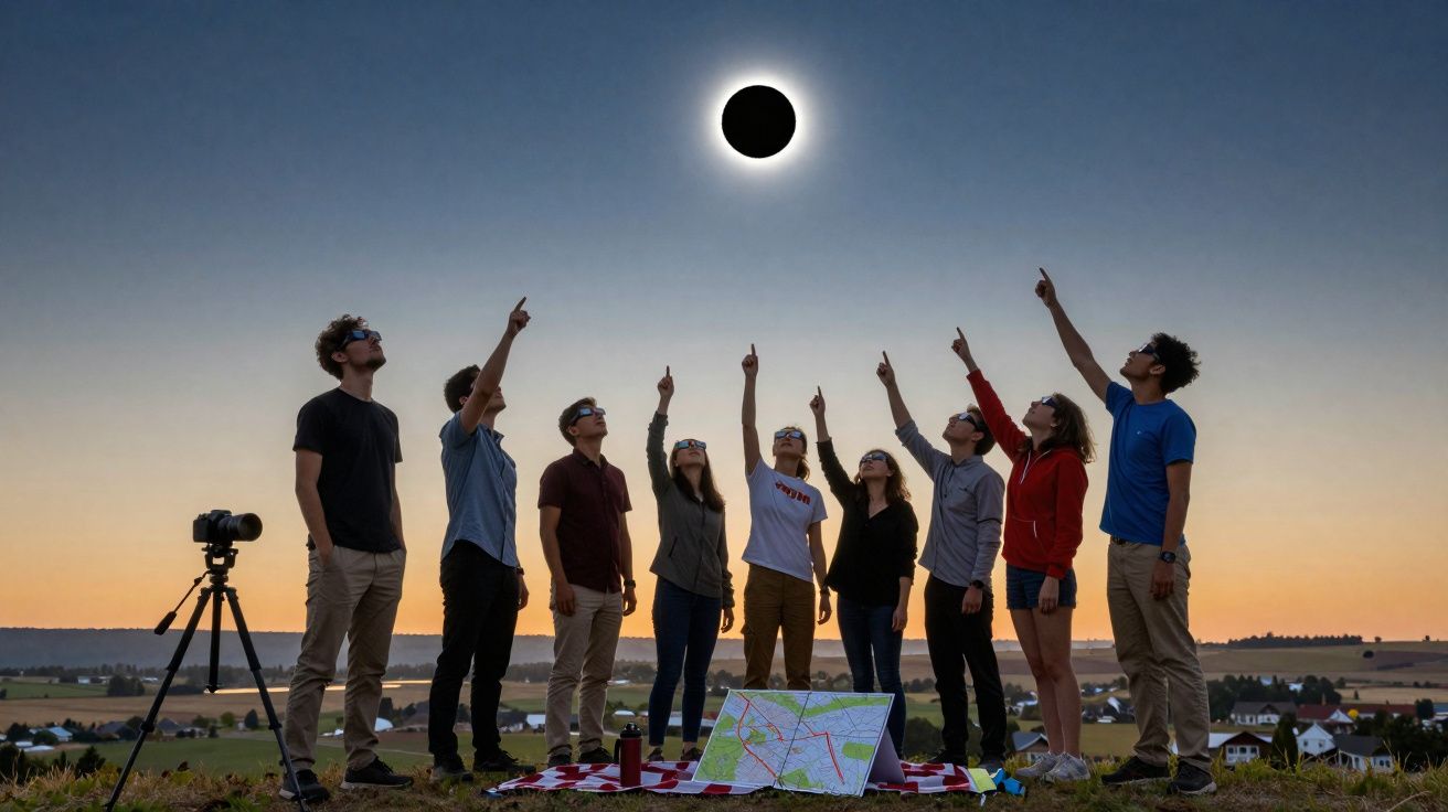 Grupo de pessoas observando eclipse solar total no campo ao pôr do sol, com mapa e câmera.