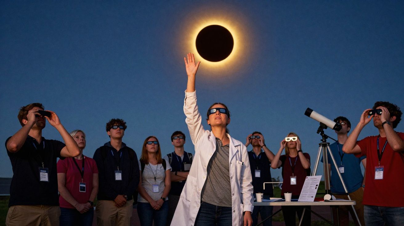 Grupo de pessoas usando óculos especiais observando eclipse solar com telescópio ao entardecer.