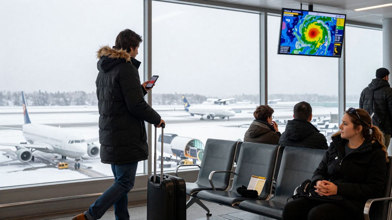 Passageiros com roupas de frio aguardam embarque em aeroporto com neve do lado de fora e tela mostrando tempestade.