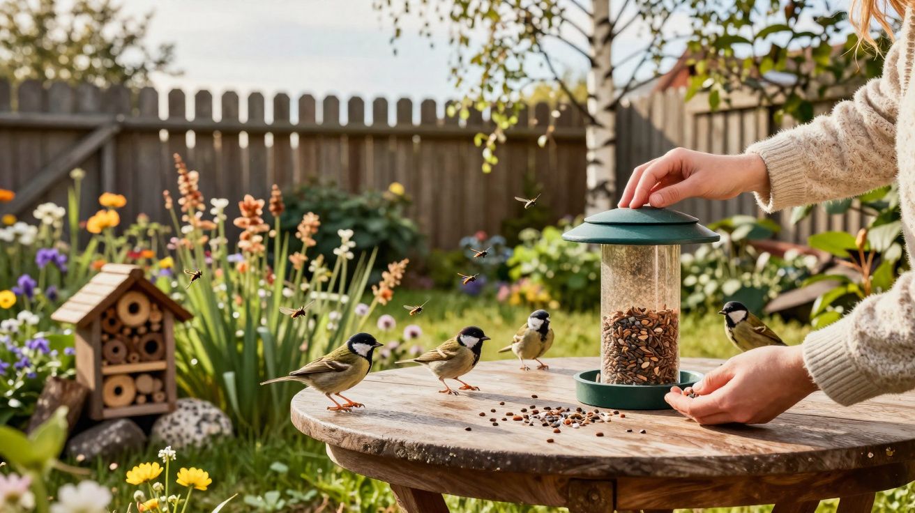 Pessoa alimenta pássaros em comedouro de sementes sobre mesa de madeira no jardim ensolarado.