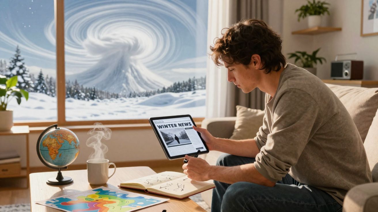 Homem lendo notícias de inverno em tablet com xícara, globo e mapa em mesa, frente a janela com tempestade de neve.