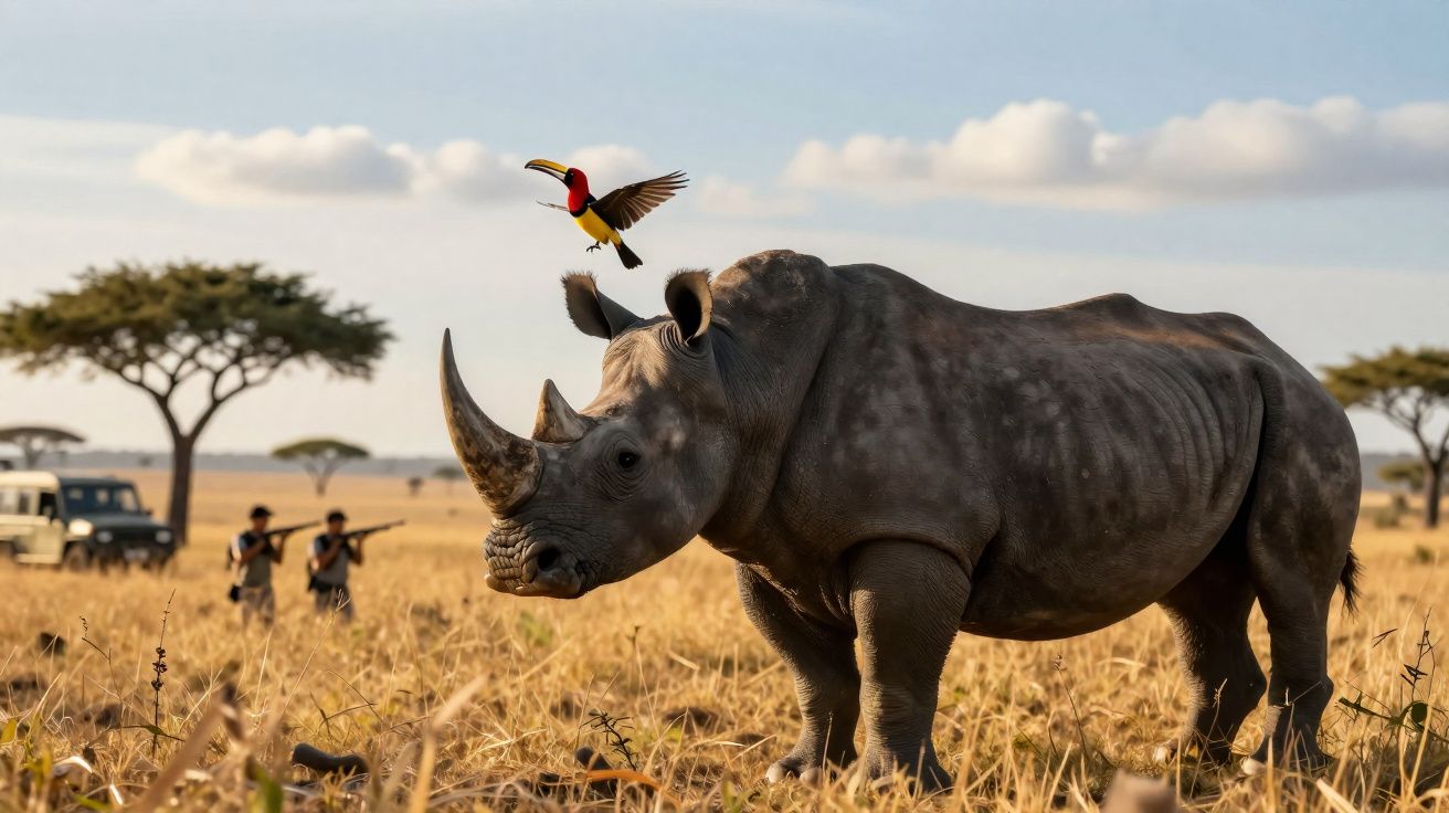Rinoceronte em savana com pássaro voando próximo e pessoas com câmeras ao fundo.