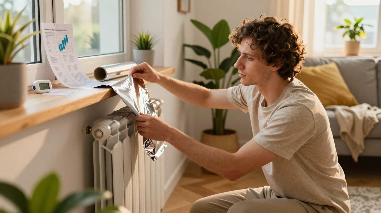 Jovem colocando papel alumínio atrás de aquecedor em sala iluminada com plantas e sofá ao fundo.