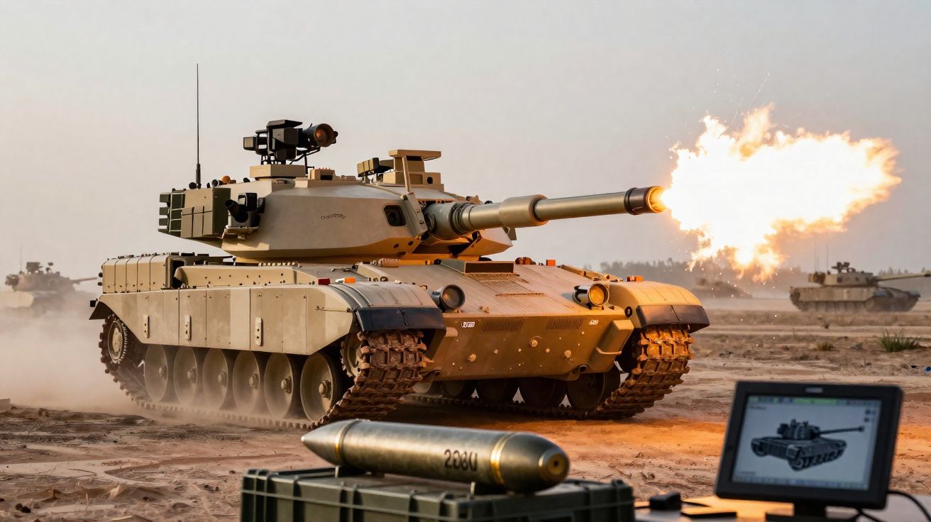 Tanque militar disparando projétil em campo aberto com munição e monitor eletrônico em primeiro plano.