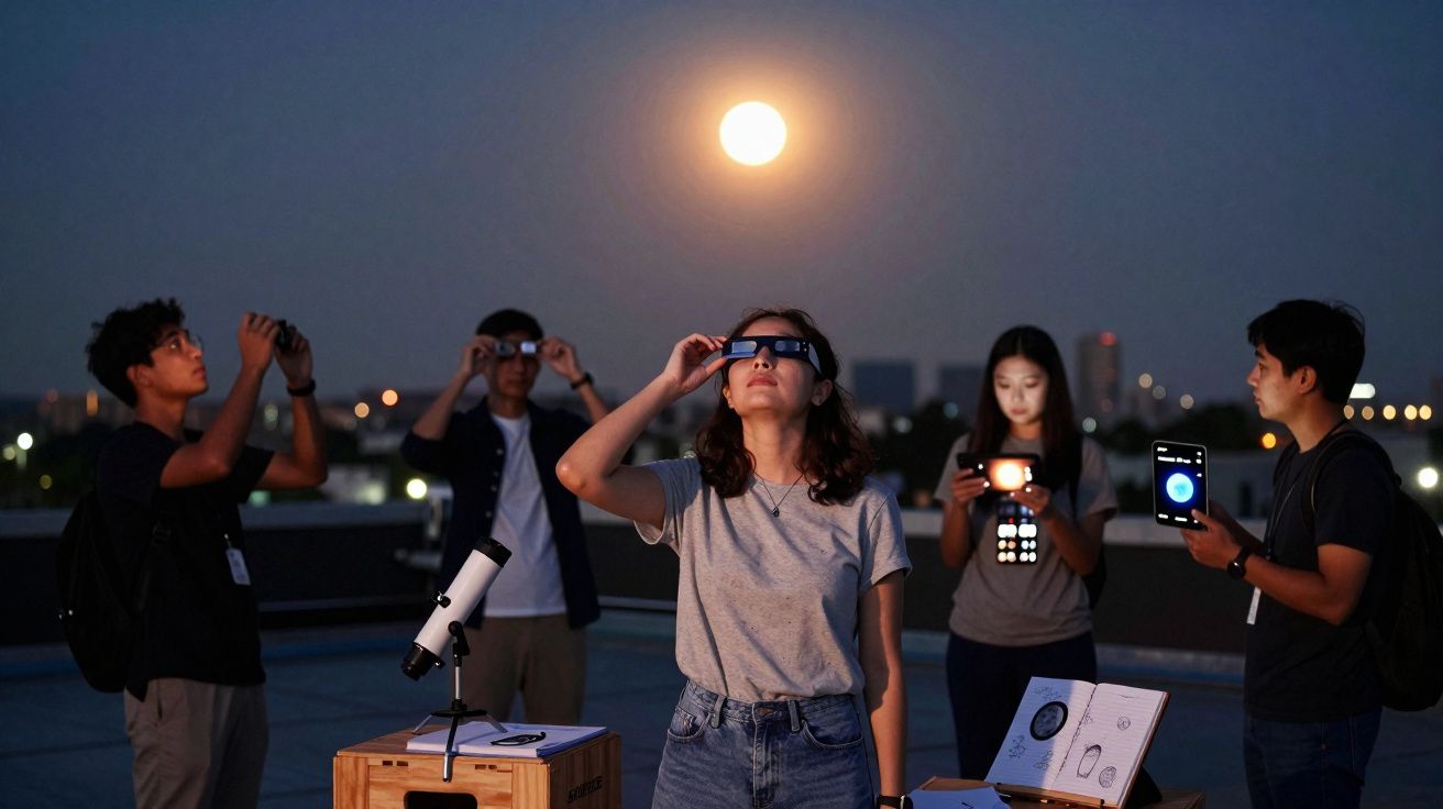 Grupo de jovens observando eclipse lunar com óculos especiais e equipamentos sob a luz da lua cheia.
