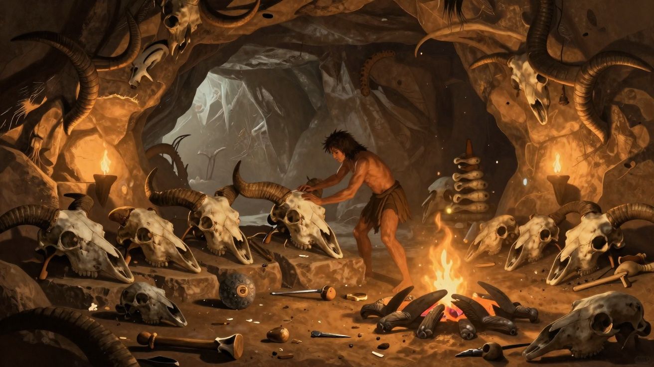 Homem pré-histórico em caverna cercado por crânios grandes e ossos ao redor de uma fogueira.