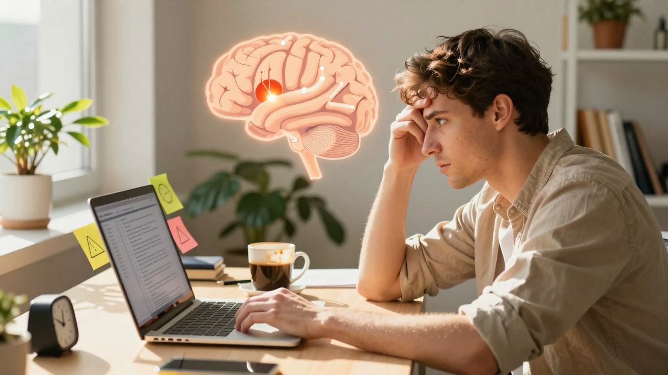 Jovem sentado em mesa estudando no laptop com ilustração de cérebro iluminada ao redor da cabeça.