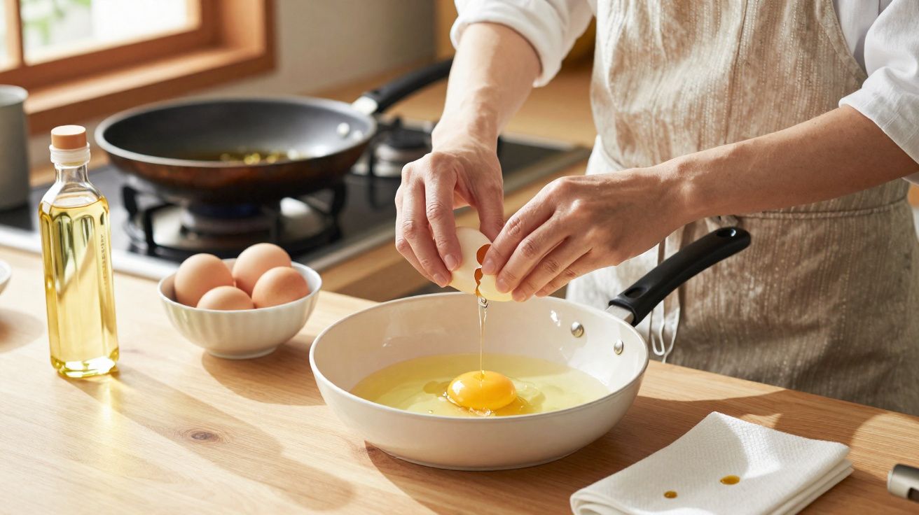 Pessoa quebrando um ovo em frigideira branca sobre bancada de madeira em cozinha iluminada.