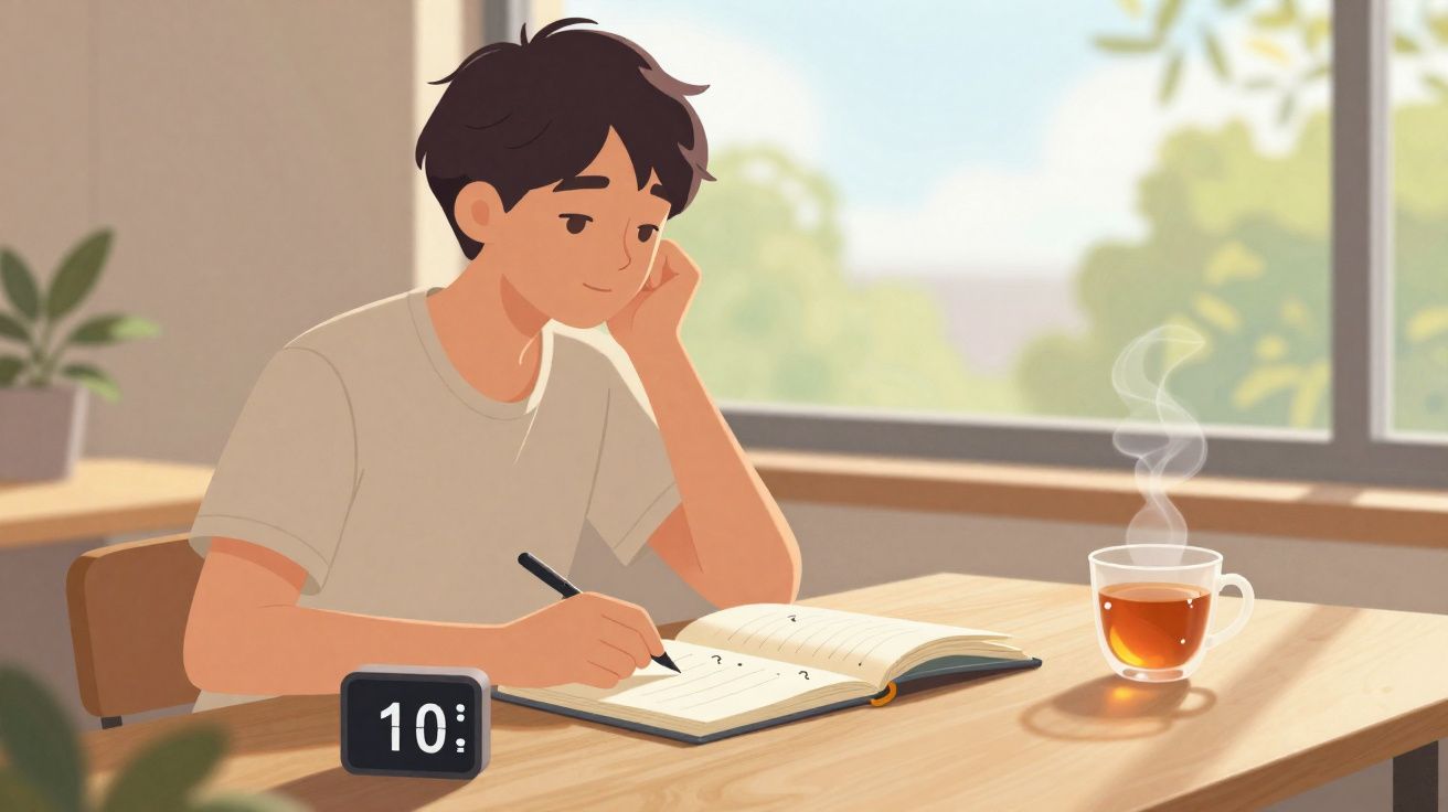 Jovem sentado escrevendo em caderno com xícara de chá e relógio em mesa perto de janela iluminada.