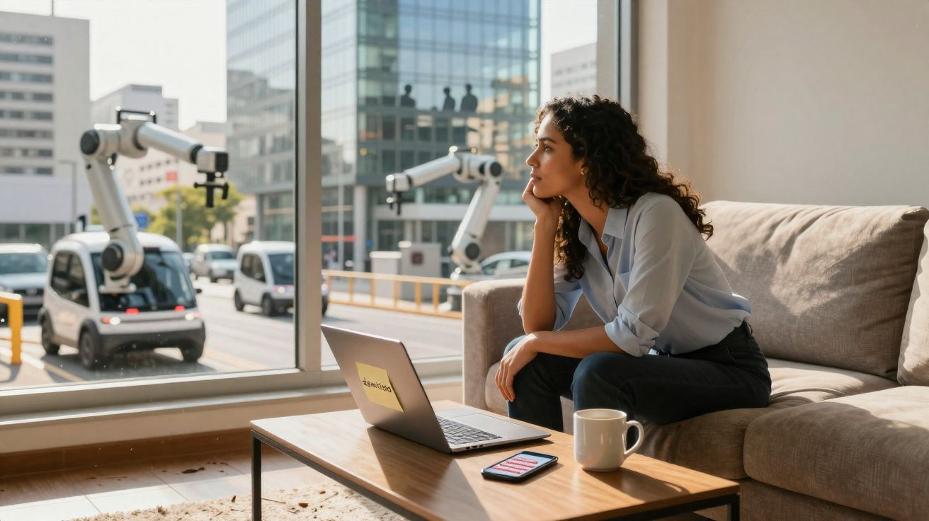 Mulher sentada no sofá olhando pela janela com laptop e smartphone sobre a mesa à sua frente.