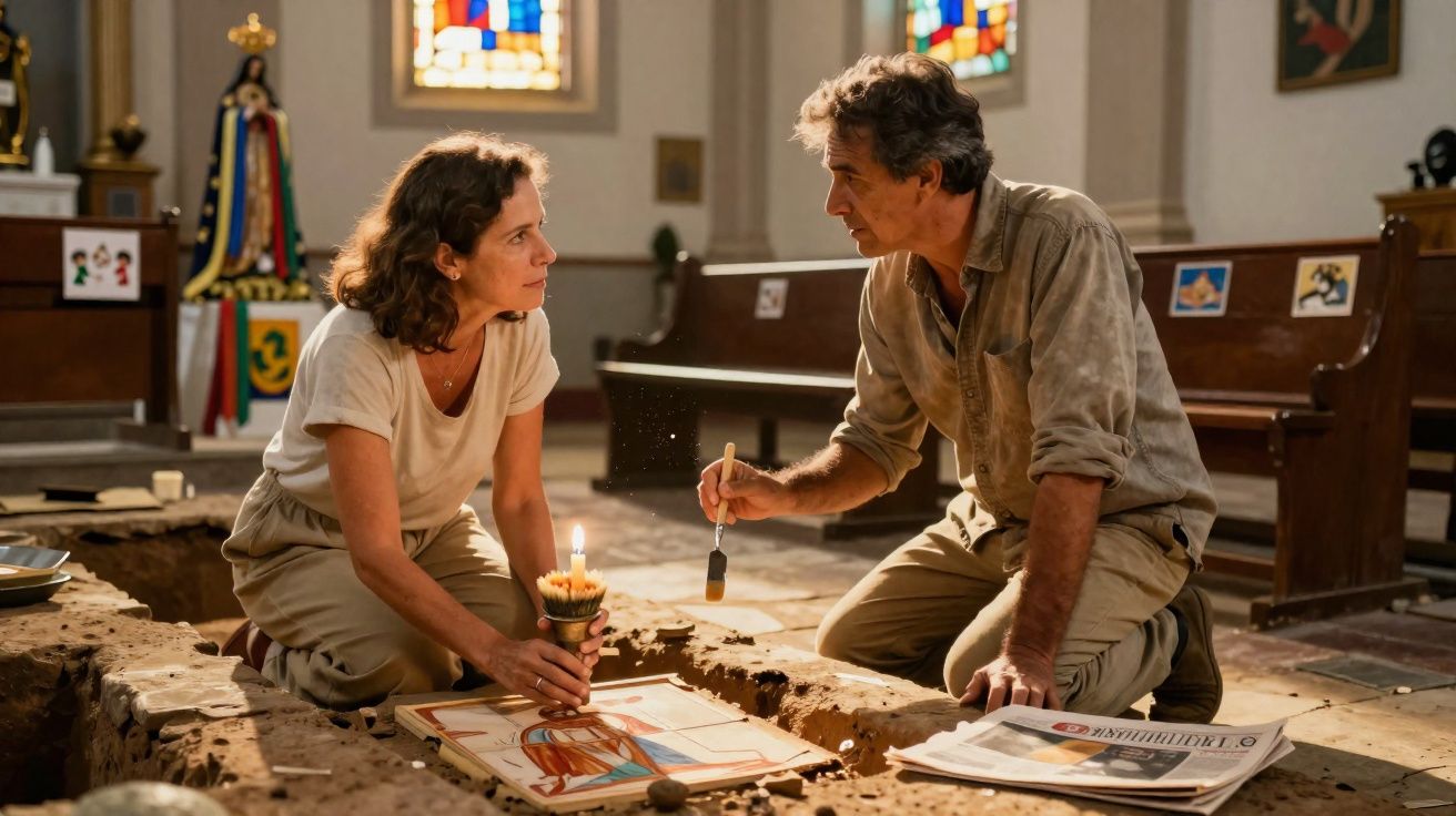 Homem e mulher ajoelhados em escavação dentro de igreja, analisando objetos antigos juntos.