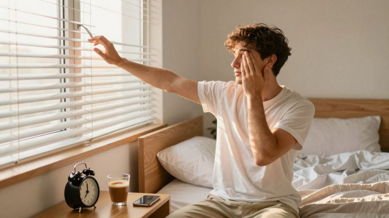 Homem sentado na cama abrindo persiana para olhar pela janela num quarto com manhã ensolarada.