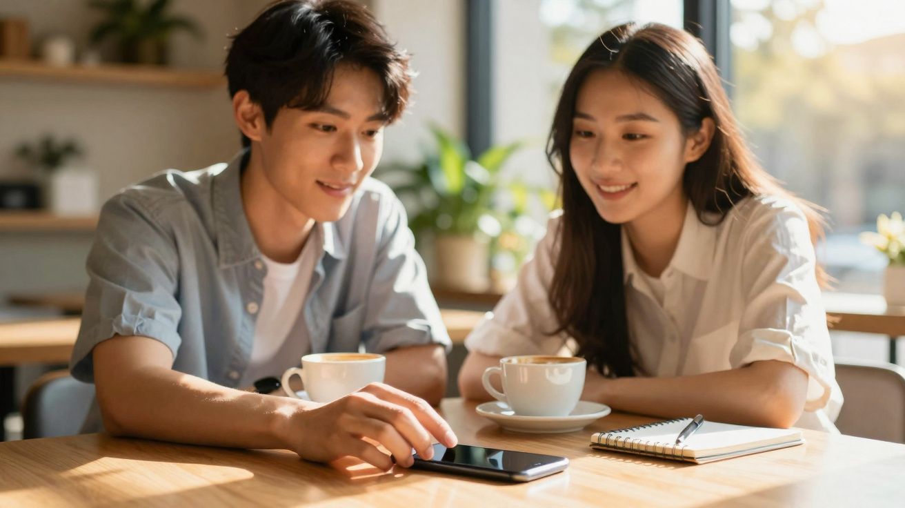 Jovem casal sorridente sentado à mesa com café, olhando para celular em ambiente iluminado e aconchegante.