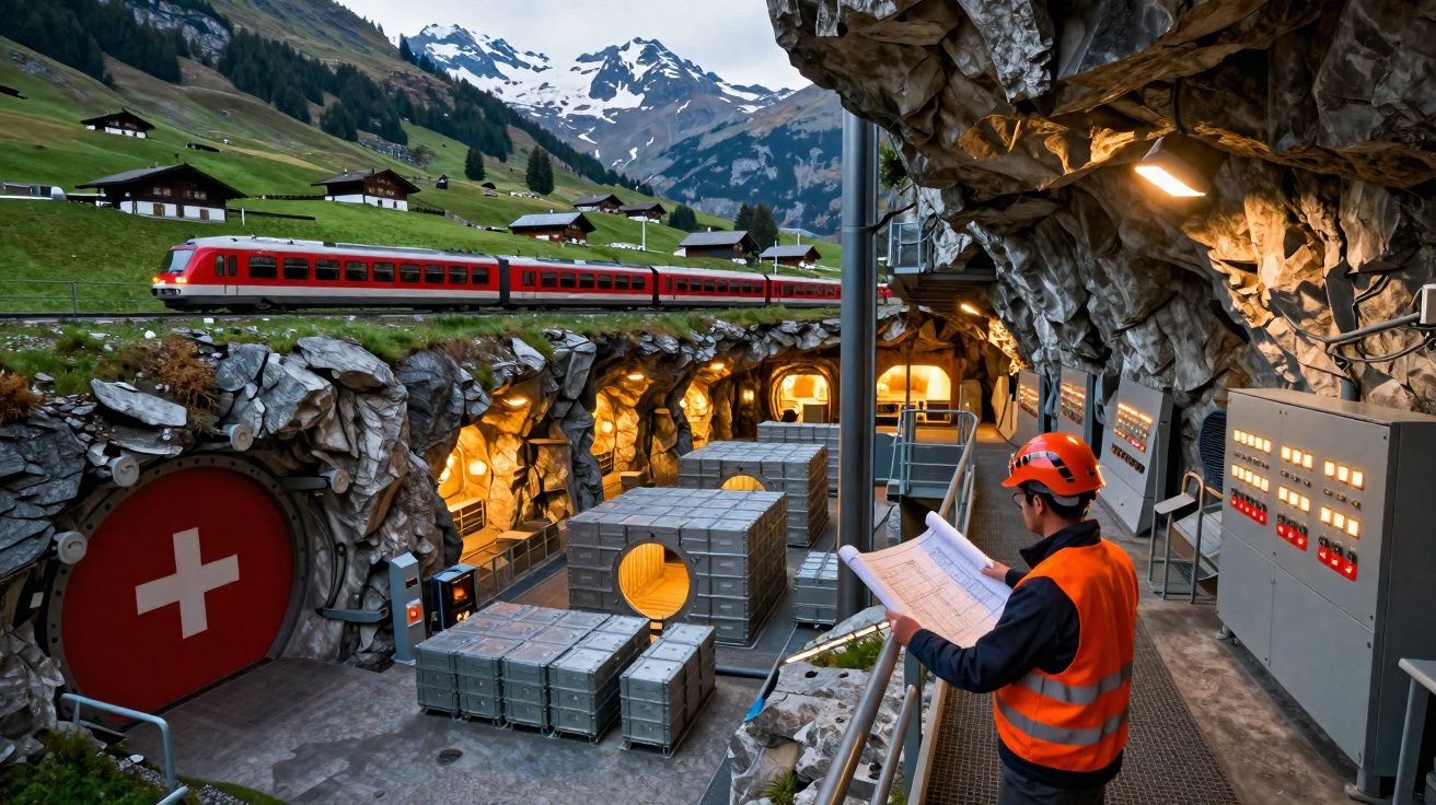 Interior de instalação subterrânea na montanha com trabalhador, caixas metálicas e trem vermelho ao fundo.