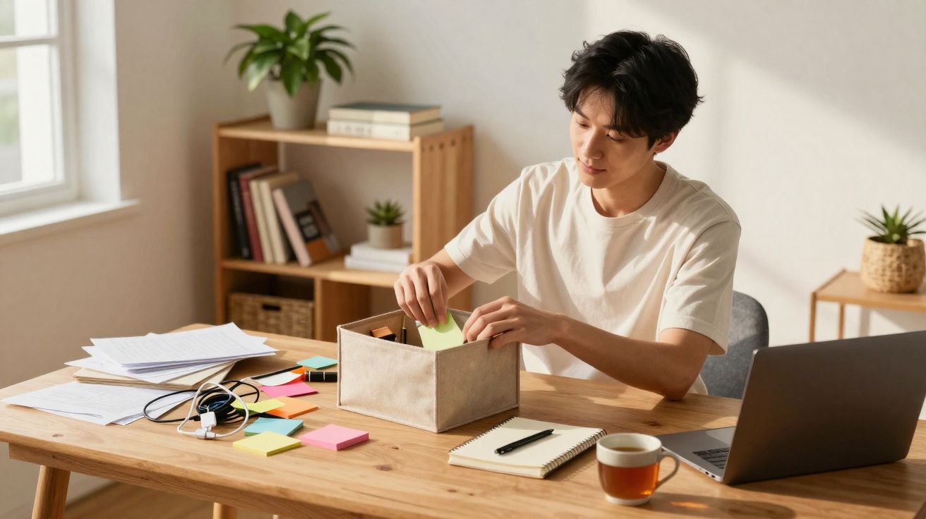 Jovem organizando papéis coloridos em caixa sobre mesa com notebook, café e caderno em ambiente iluminado.