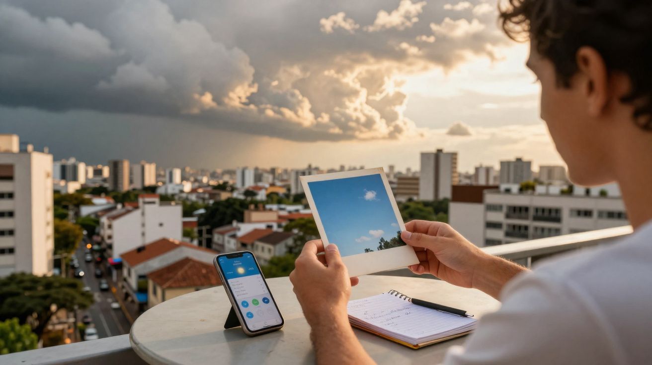 Pessoa segurando foto de céu azul com nuvem, ao lado de celular e caderno em mesa de varanda urbana.