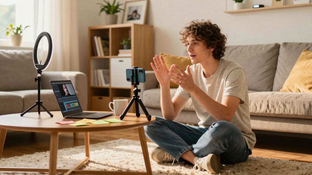 Jovem sentado no chão usa celular e laptop para gravar vídeo em sala de estar iluminada.