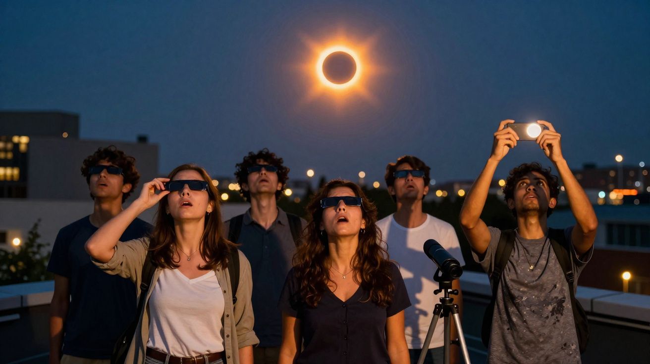 Grupo de pessoas usando óculos especiais observa eclipse solar total no céu noturno da cidade.