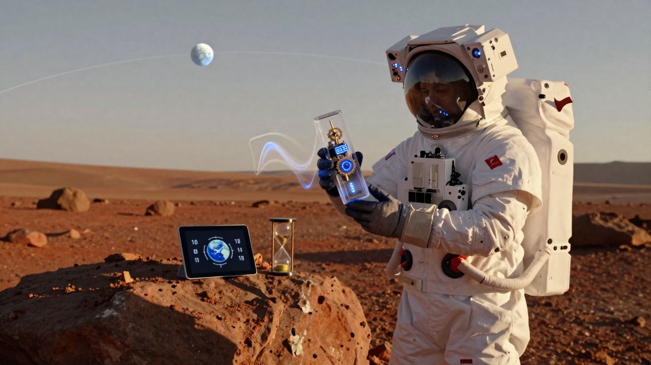 Astronauta em traje espacial segurando dispositivo futurista em paisagem marciana com terraço e mostrador digital.