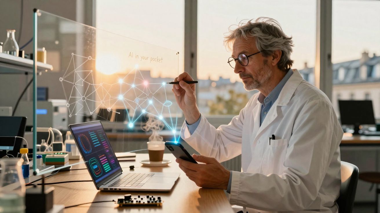 Homem cientista com jaleco usando laptop e holograma digital em ambiente de laboratório moderno.