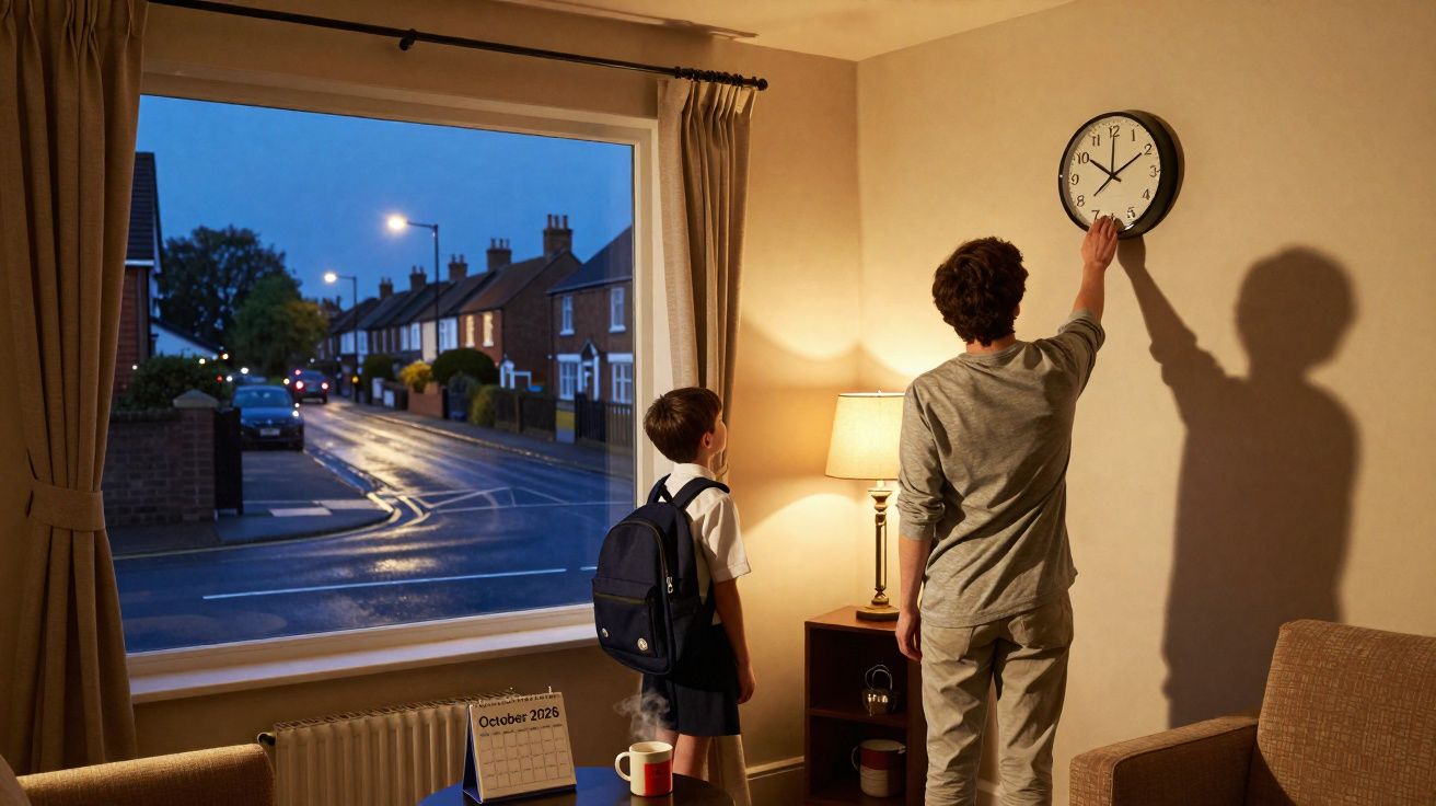 Homem ajusta relógio na parede enquanto criança com mochila observa em sala ao entardecer.