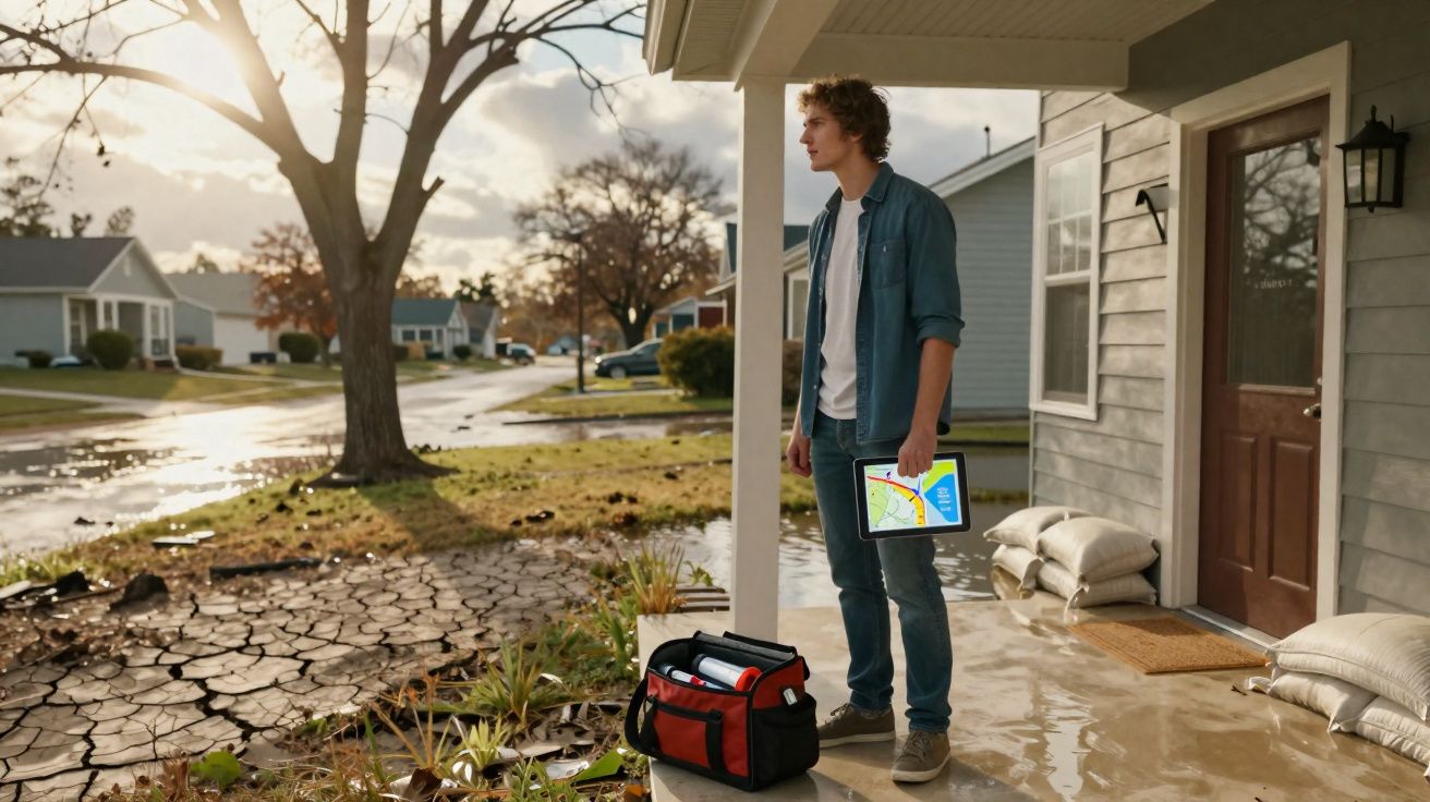 Homem com tablet na mão observa área alagada e seca na frente de casa em bairro residencial.