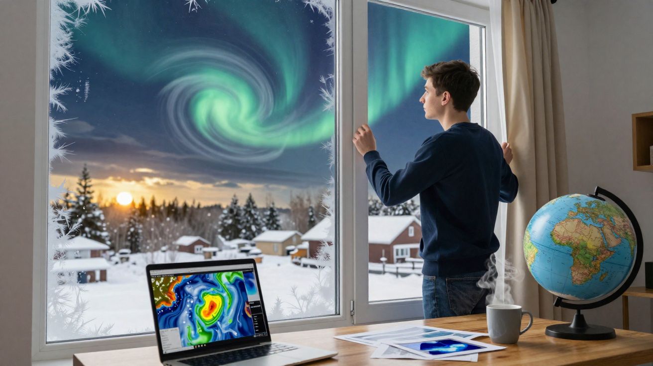 Jovem observa aurora boreal verde pela janela de casa no inverno com laptop aberto e globo terrestre na mesa.