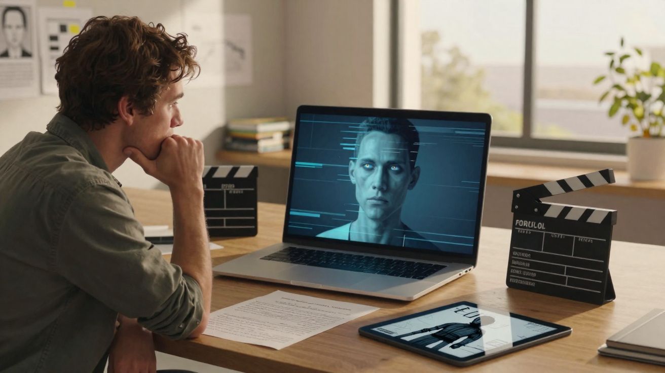 Homem jovem assistindo rosto digitalizado em laptop, sentado à mesa com pranchetas de cinema e tablet.