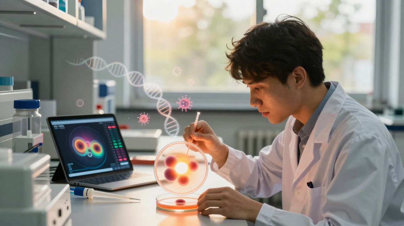 Cientista em laboratório analisando amostra em placa de Petri com laptop ao fundo exibindo gráfico molecular.