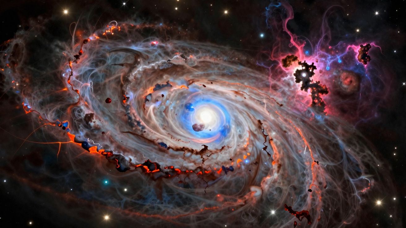 Imagem colorida de uma galáxia espiral brilhante com nuvens de gás, poeira e estrelas ao fundo.