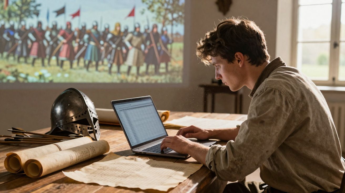 Jovem sentado em mesa de madeira com pergaminhos, capacete medieval e laptop, enquanto pesquisa sobre cavaleiros.