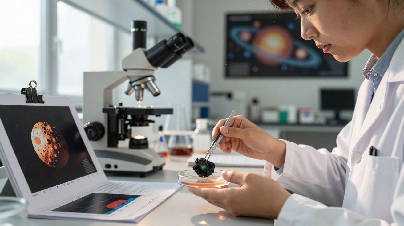 Cientista em laboratório analisa amostra de rocha com pinça, ao lado de microscópio e tela com imagem espacial.