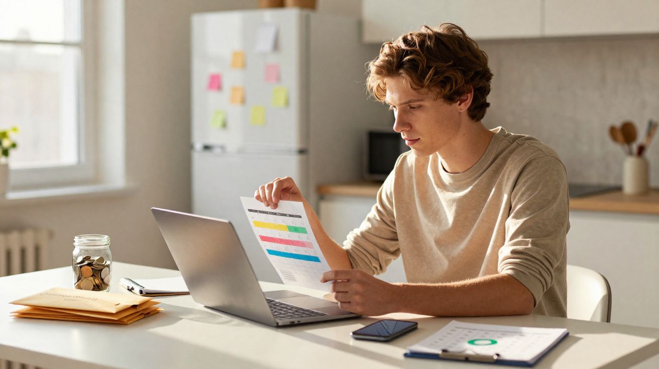 Jovem analisando documento colorido enquanto trabalha no laptop em mesa com planilhas e envelopes na cozinha.