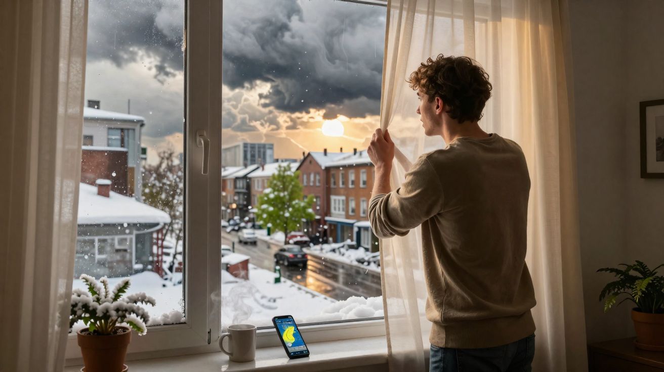 Homem observa pela janela com neve na cidade e céu nublado ao pôr do sol.