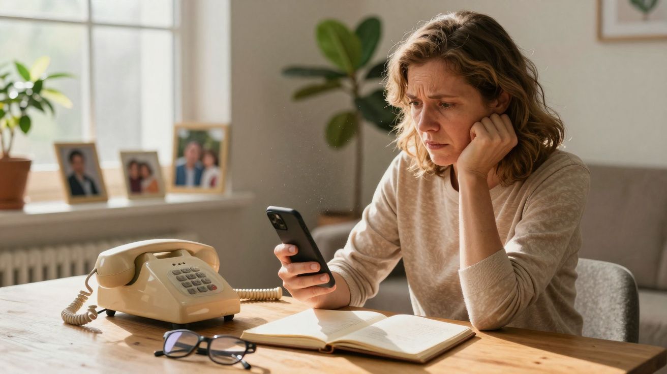 Mulher preocupada olhando para celular sentada à mesa com telefone fixo, livro aberto e óculos.