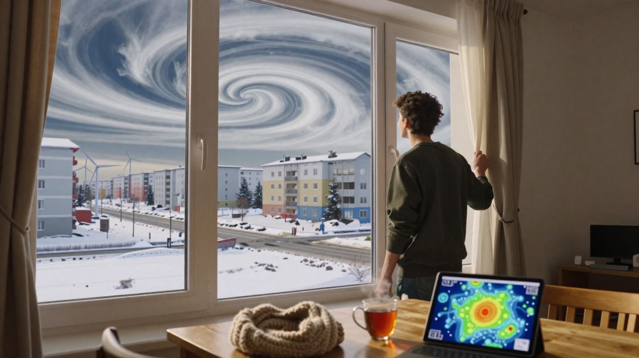Pessoa olhando pela janela para redemoinho no céu sobre cidade nevada, com laptop exibindo mapa térmico na mesa.