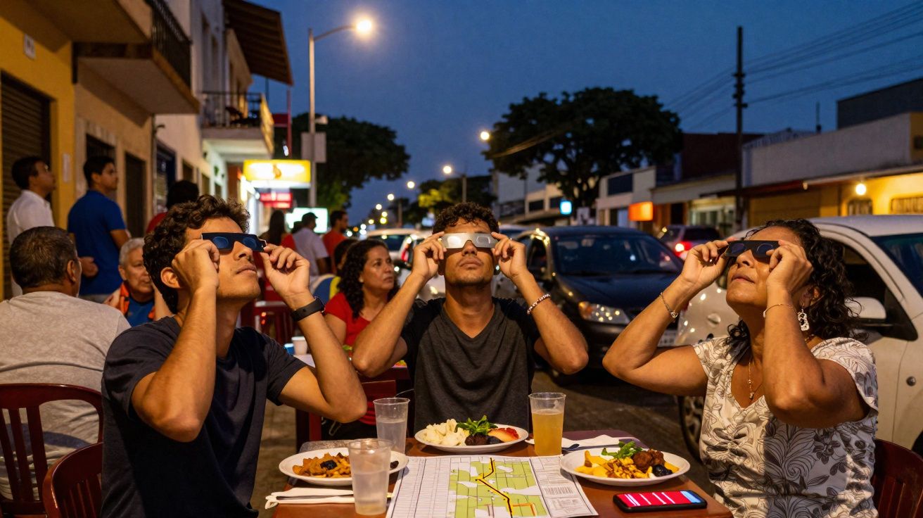 Três pessoas usando óculos especiais olhando para o céu durante a noite, sentadas à mesa com comida na rua.
