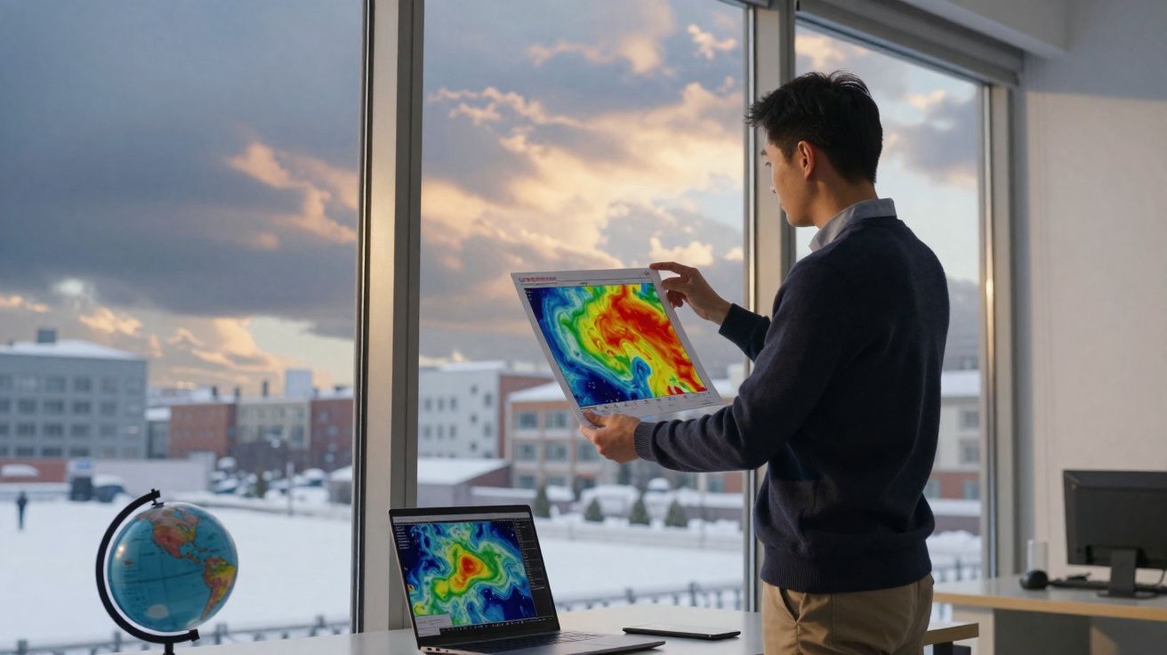 Homem analisa mapas meteorológicos coloridos em tela, com vista para cidade nevada ao fundo.