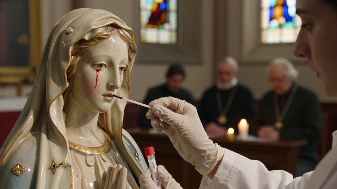 Pessoa coleta amostra nasal com cotonete em estátua da Virgem Maria com lágrimas de sangue em ambiente religioso.