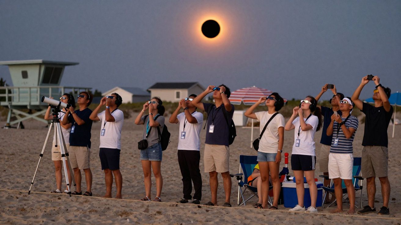 Grupo de pessoas na praia observando eclipse solar com óculos especiais ao entardecer.