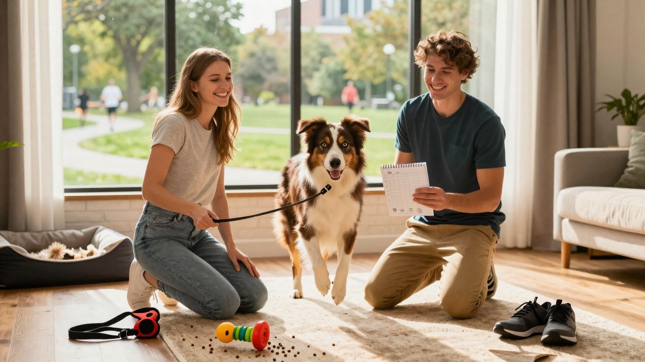Casal jovem treinando cachorro em casa com brinquedos e bloco de anotações, ambiente iluminado e confortável.