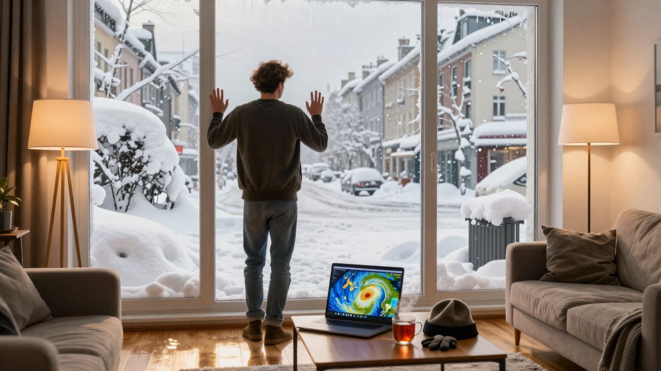 Homem observa a nevasca pela janela ampla da sala com sofá, laptop, chá e decoração aconchegante.