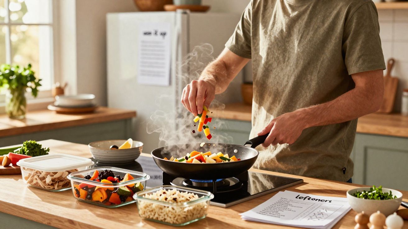Pessoa cozinhando legumes coloridos em frigideira na cozinha com utensílios e pratos ao redor.