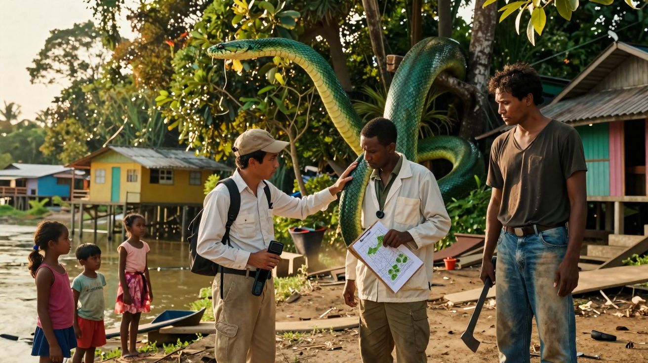 Três homens conversam em vila ribeirinha com crianças ao fundo e cobra gigante sobreposta em árvore.