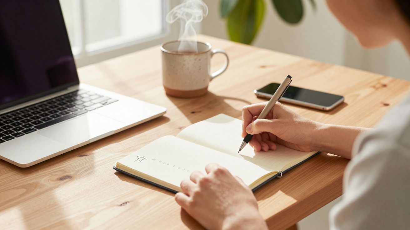 Pessoa escrevendo em caderno ao lado de notebook, celular e caneca com bebida quente em mesa de madeira.