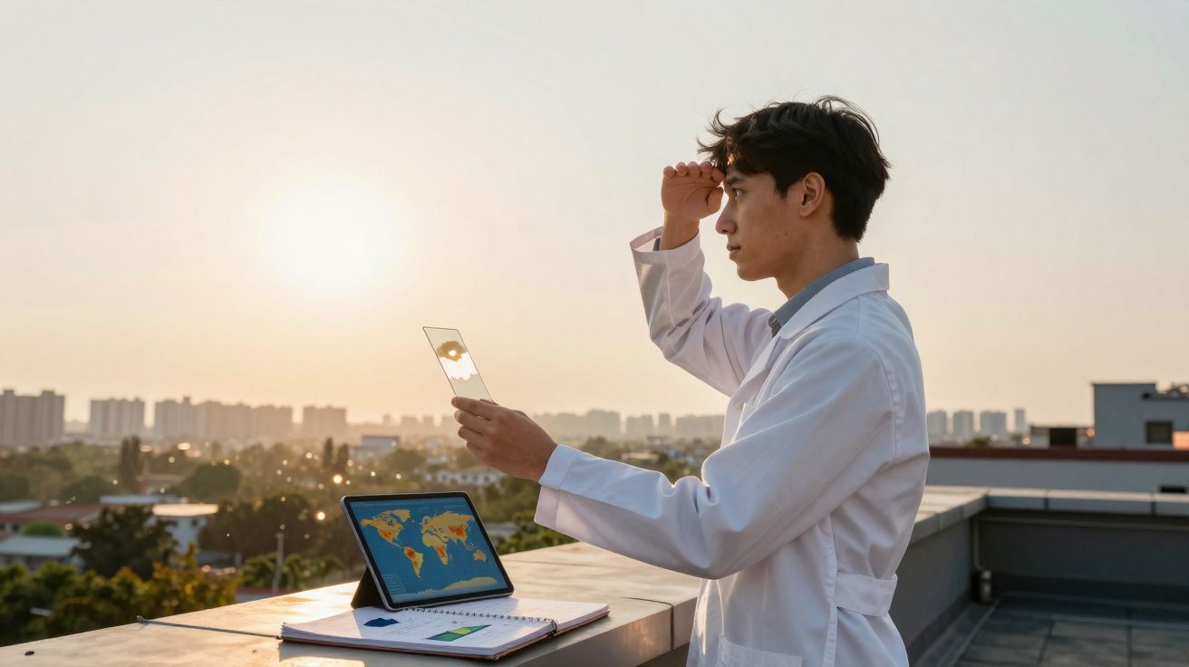 Jovem cientista observa o sol segurando um prisma transparente em terraço ao pôr do sol.