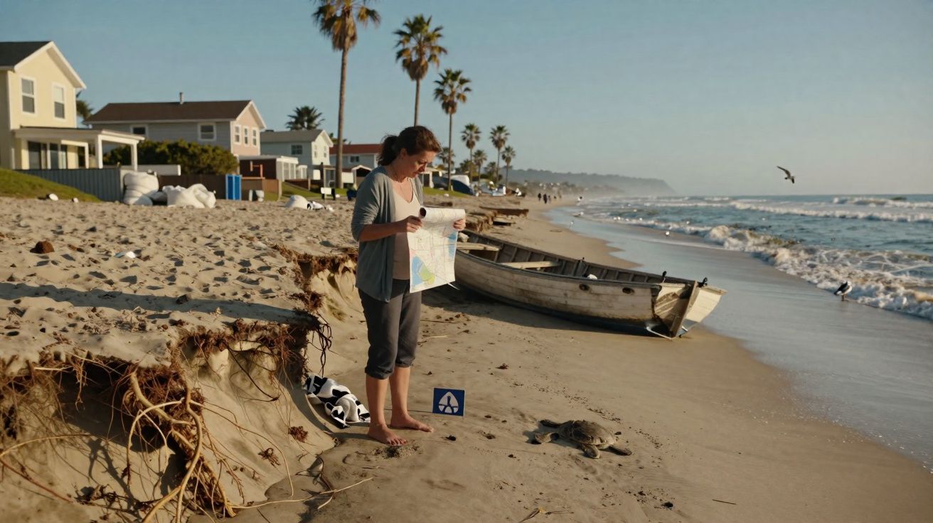 Mulher em praia com mapa, barco próximo e tartaruga marinha na areia ao lado do mar.