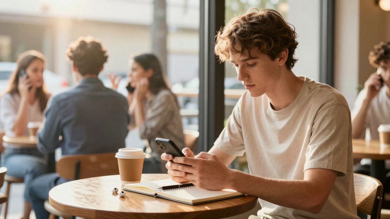 Jovem sentado em café com celular na mão, café e caderno sobre a mesa, pessoas conversando ao fundo.