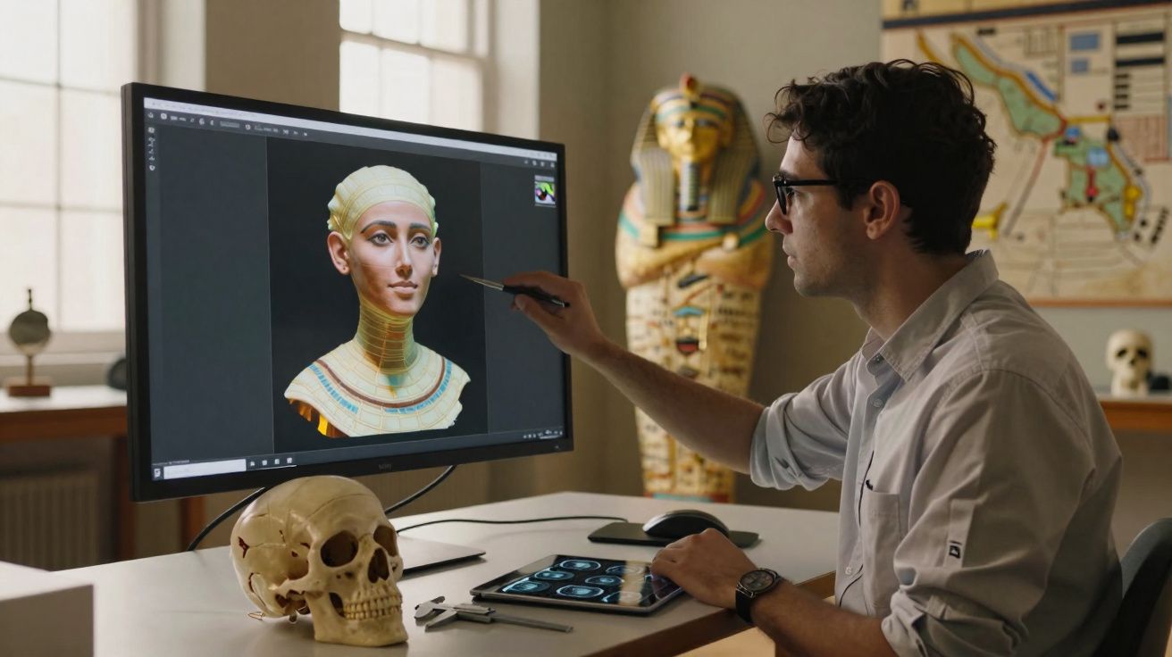 Homem usando óculos edita imagem 3D de múmia egípcia em computador, com crânio e sarcófago ao fundo.
