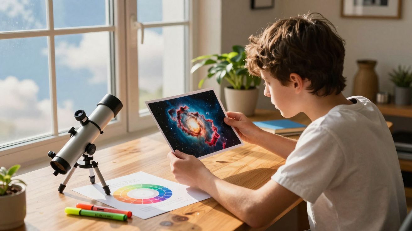 Menino sentado à mesa observa imagem de galáxia, com telescópio e roda de cores na mesa perto da janela.